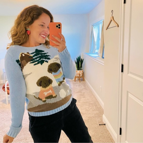 Vintage Sweaters - Vintage Blue Puppy Intarsia Knit Crewneck Sweater XS